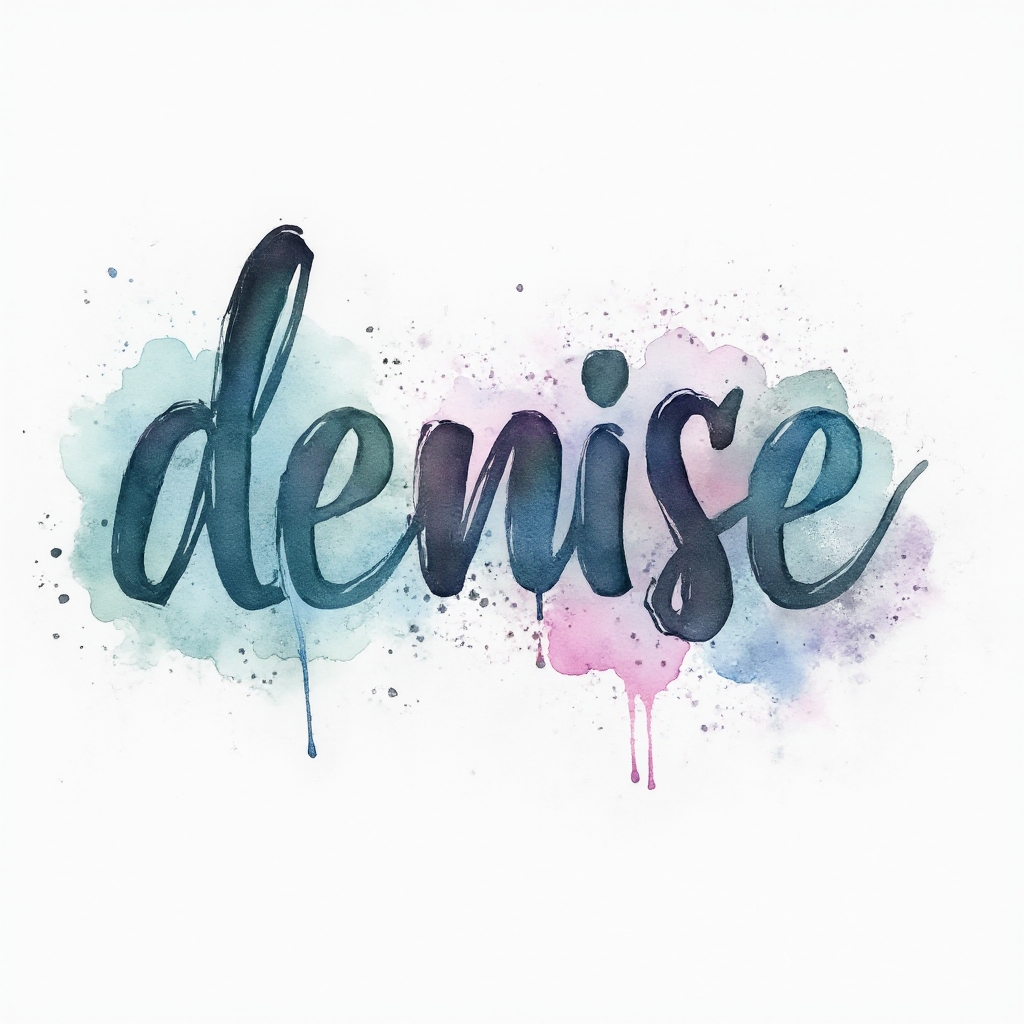 Watercolor brushstroke tattoo concept of the name denise in colorful ink splashes on white background.