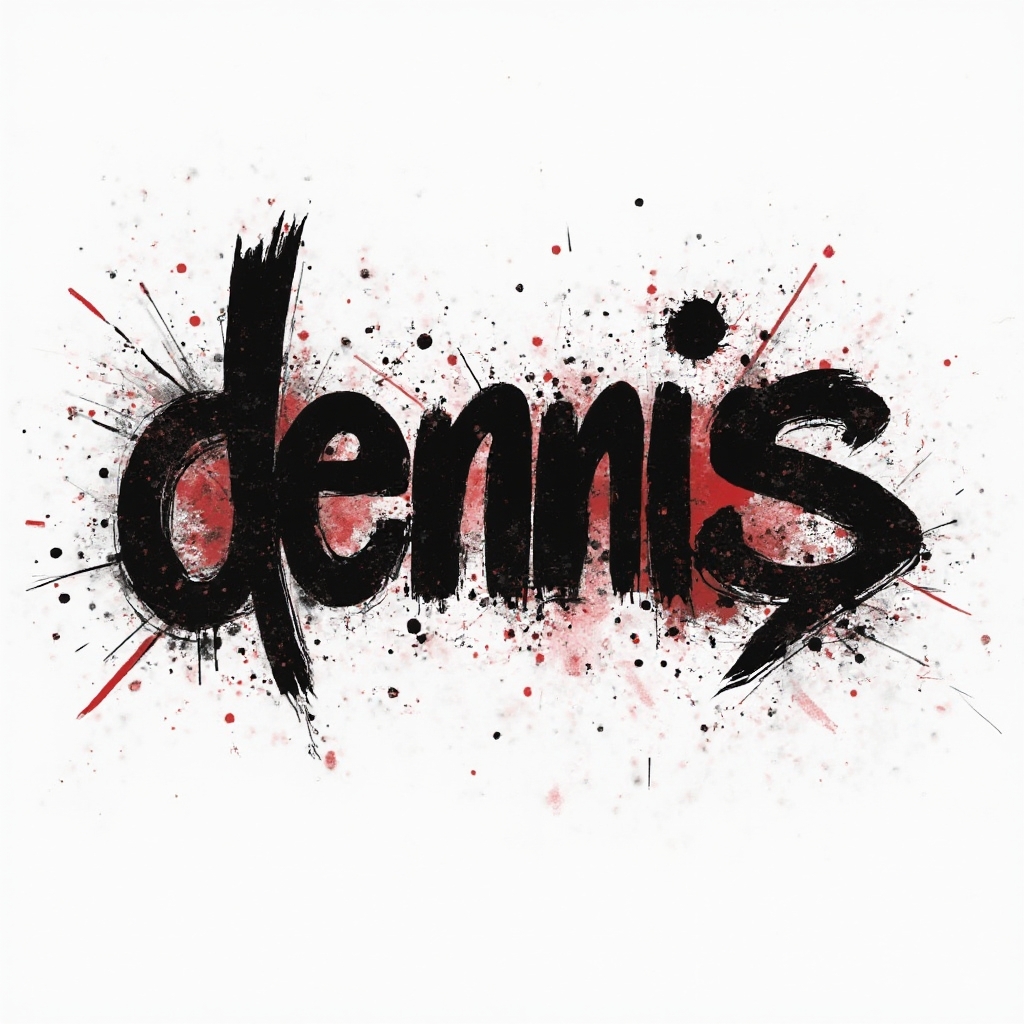 Trash Polka style tattoo design with the name dennis in fractured black lettering, red splashes, and grunge textures on a white background.