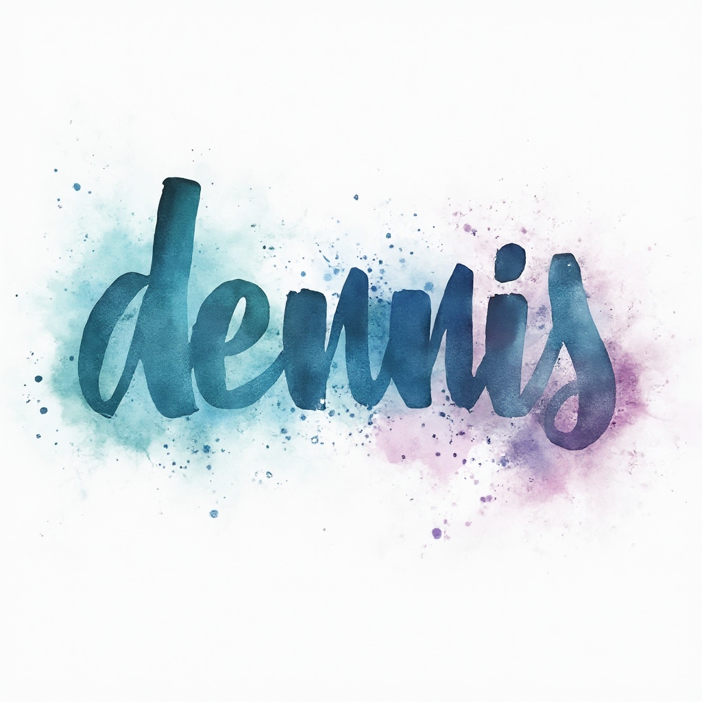 Watercolor tattoo concept where the name dennis is formed by flowing multicolor brushstroke lettering with splashes on a white background.