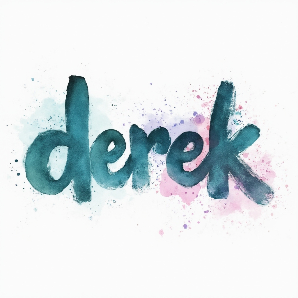 Watercolor splash tattoo concept where the name derek is formed from fluid brushstroke letters on a white background
