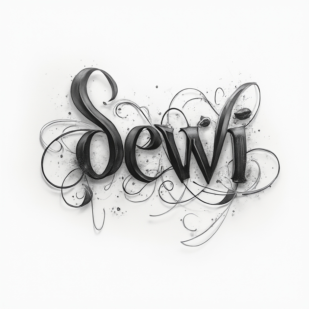 Abstract flowing line tattoo concept forming the name dewi with interwoven ribbon-like lettering on a white background