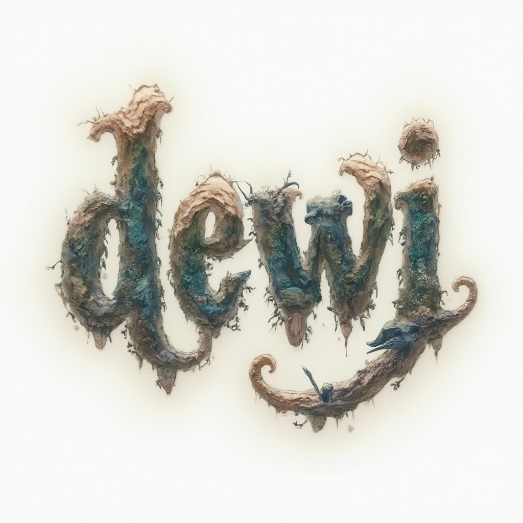 Surreal tattoo design where the name dewi is formed by dreamlike, morphing letter structures on a white background