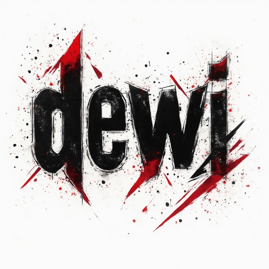 Trash Polka tattoo concept with the name dewi in bold fragmented black and red lettering on a white background