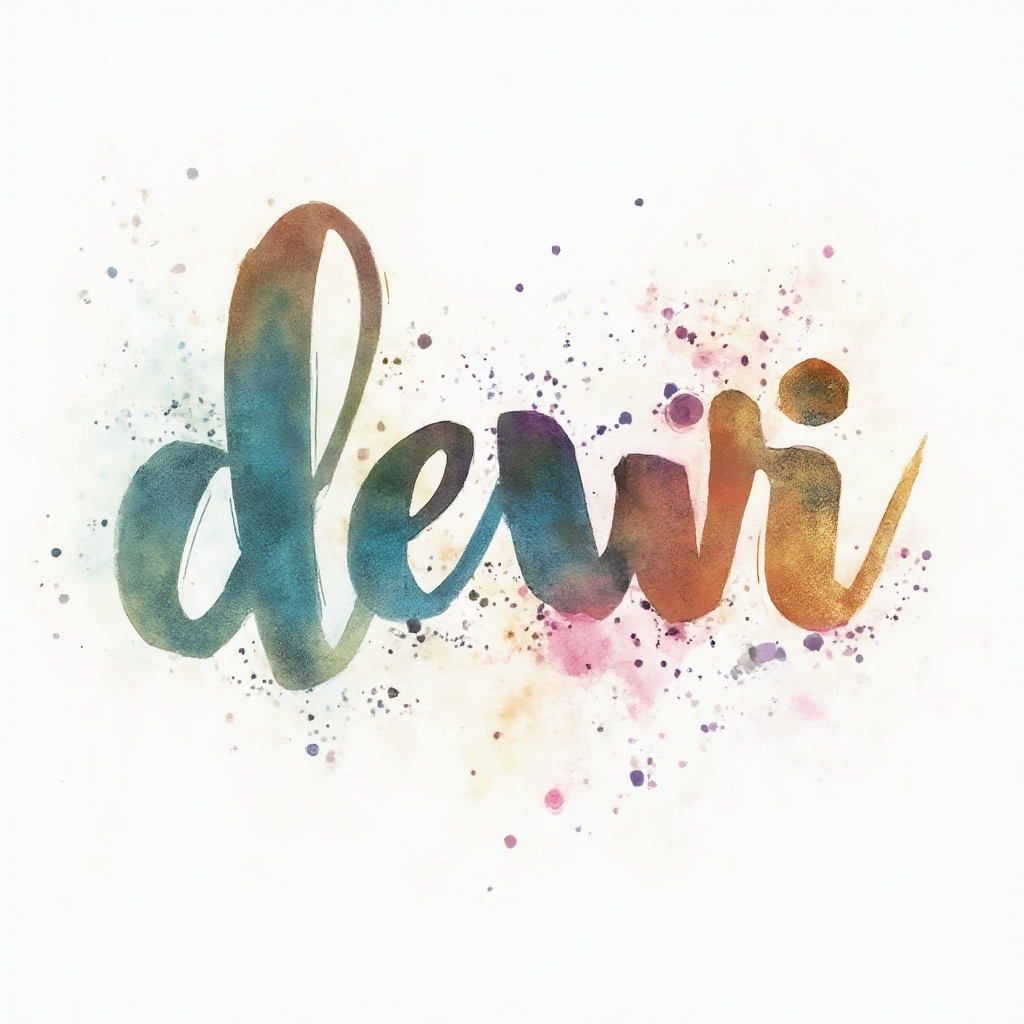 Watercolor tattoo concept with the name dewi formed by flowing colorful brushstroke lettering on a white background