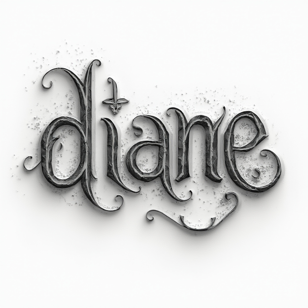 Intricate monochrome ornamental lettering of the name diane with sculpted shading on white background.
