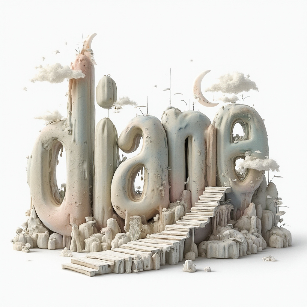Surreal dreamlike lettering of the name diane transforming into floating structures on a white background.