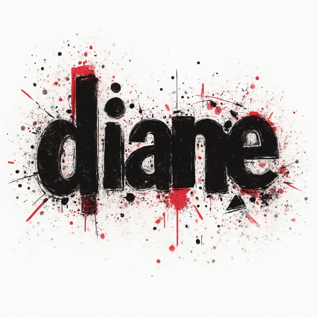 Bold black and red Trash Polka-style lettering of the name diane with splatters and geometric cuts on white.