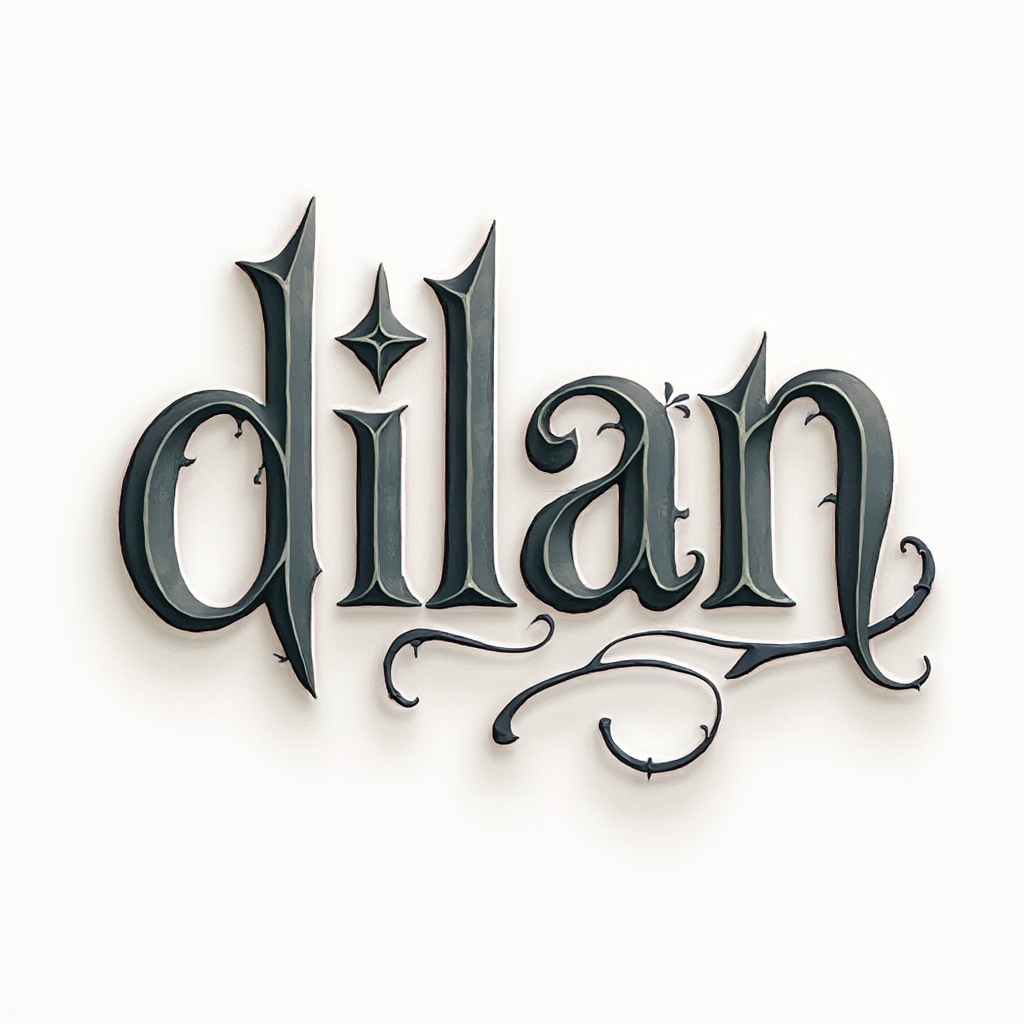 Dimensional ornamental lettering of the name dilan in black on a white background.