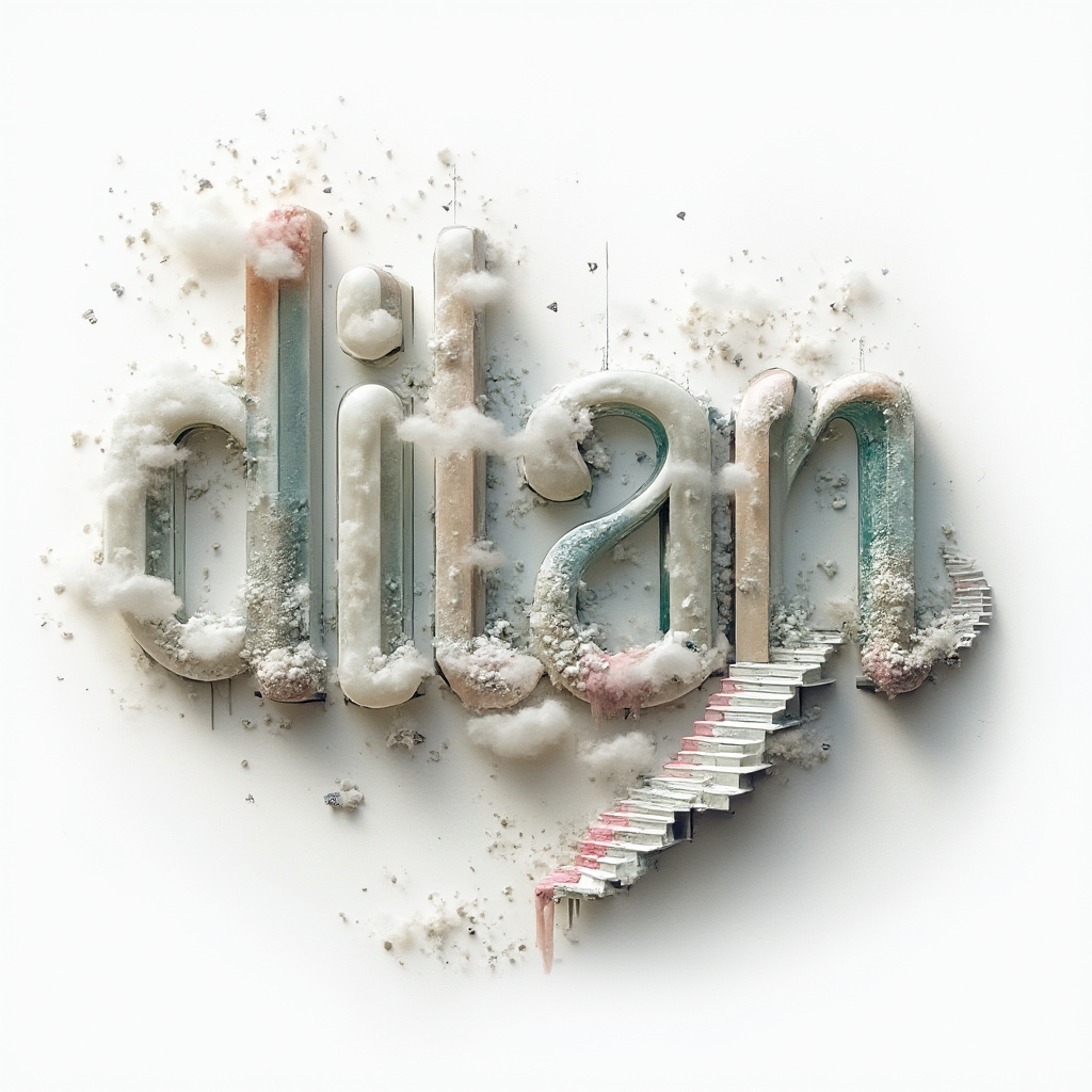 Surreal dreamscape lettering of the name dilan with impossible structures on a white background.