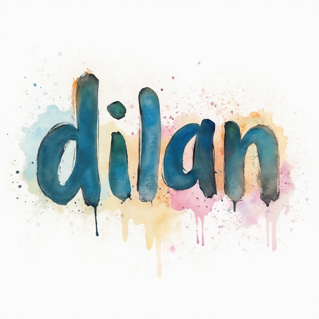 Watercolor-style artistic lettering of the name dilan with colorful ink splashes on a white background.