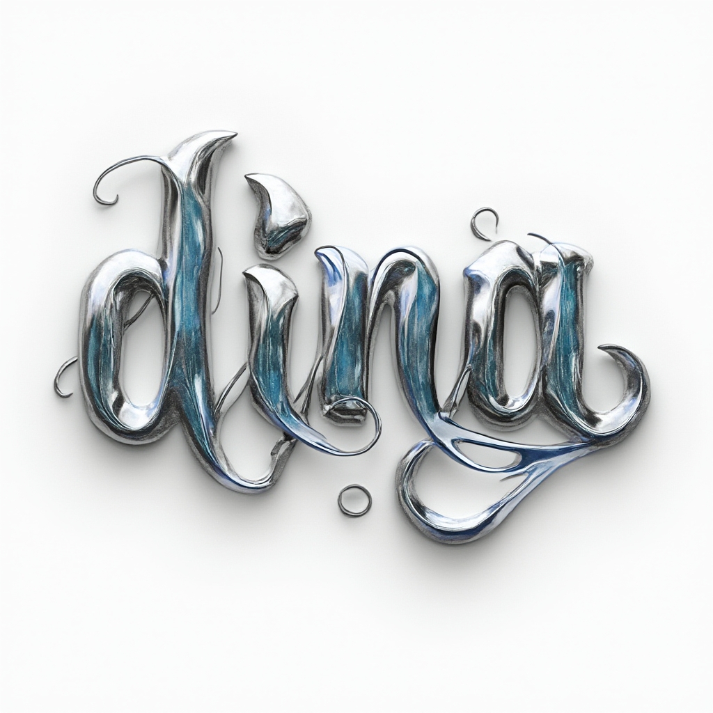 Dimensional metallic script tattoo concept where the name dina appears as polished 3D lettering on a white background