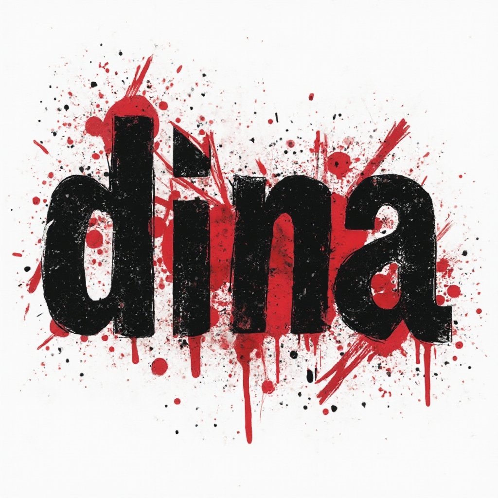 Trash Polka tattoo concept where the name dina is formed from distressed black lettering with red splashes on a white background