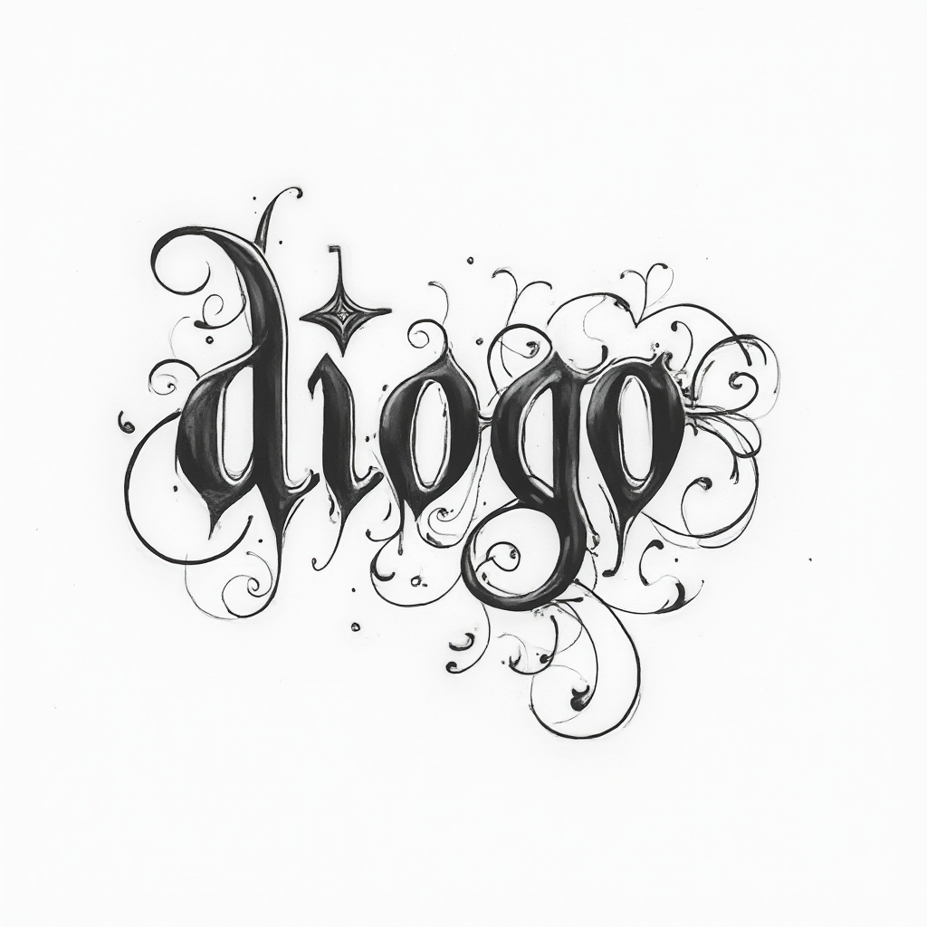 Ornamental fine-line tattoo concept where the name diogo is formed by elegant flowing flourished lettering on white background.