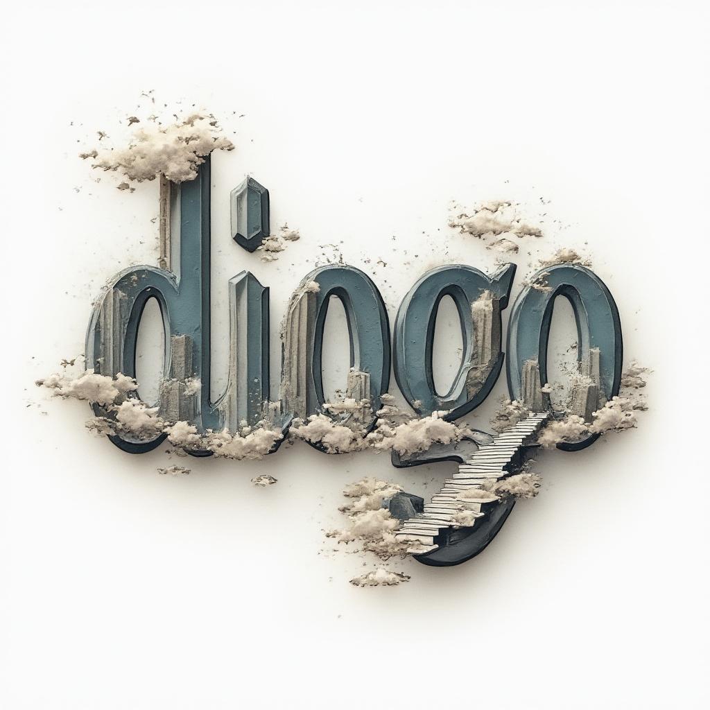 Surreal tattoo concept where the letters of diogo transform into dreamlike structures floating on white background.