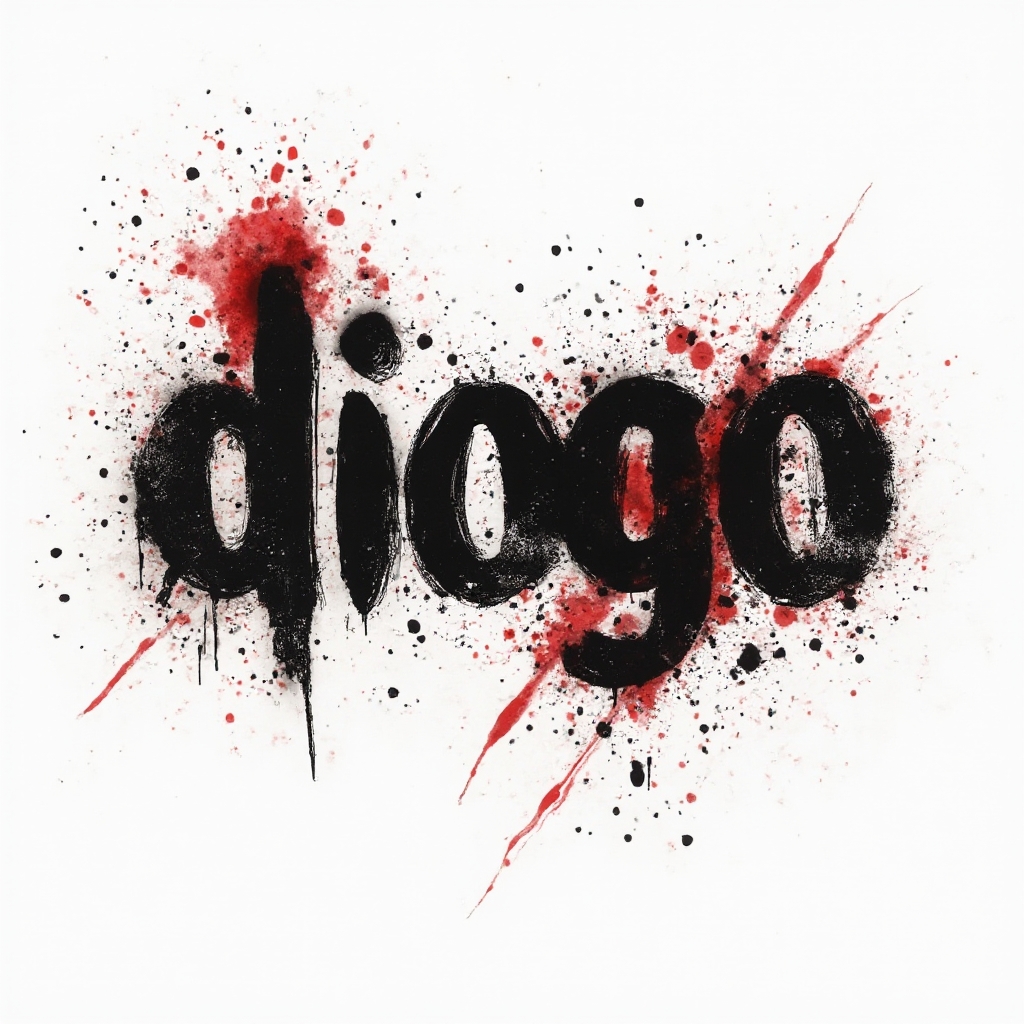 Trash Polka style tattoo concept where the name diogo is built from bold black and red grunge shapes on white background.