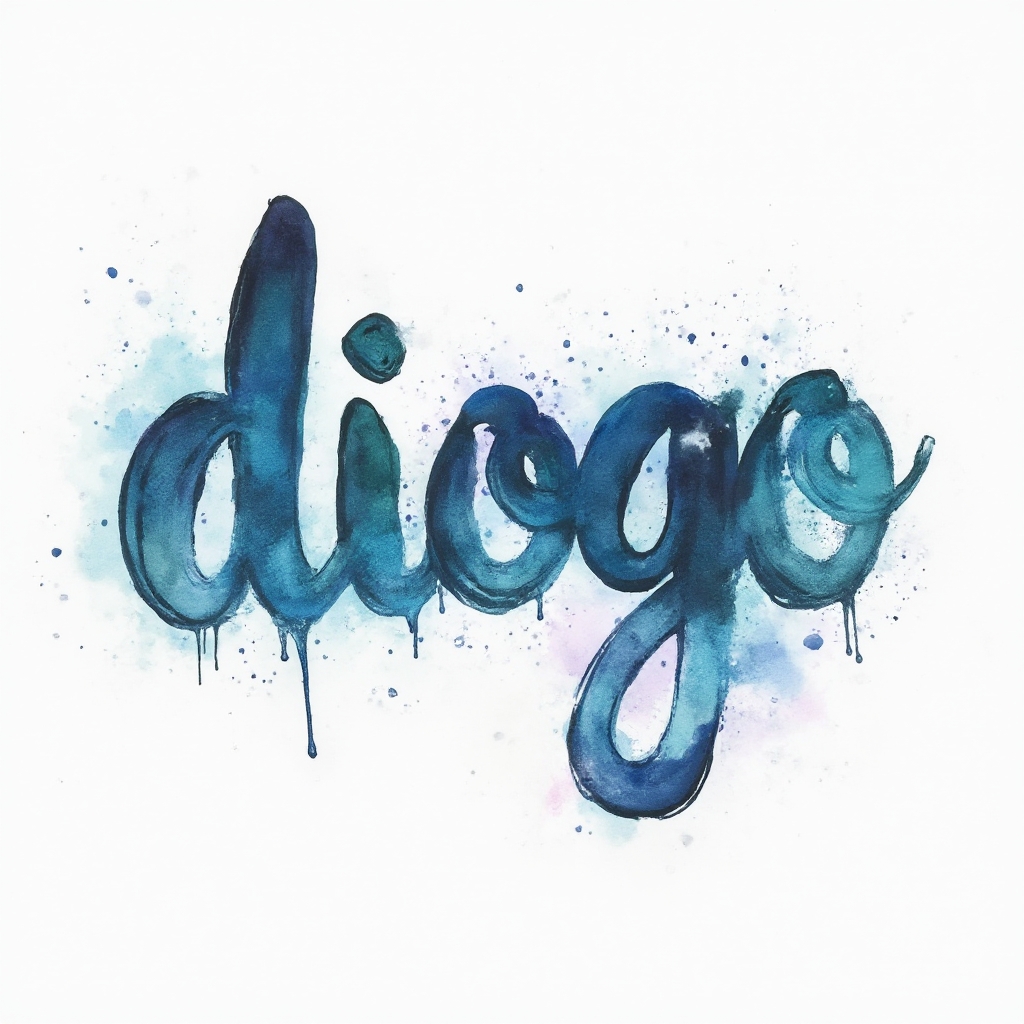 Watercolor tattoo concept where the name diogo is painted as flowing multicolor brushstrokes on white background.