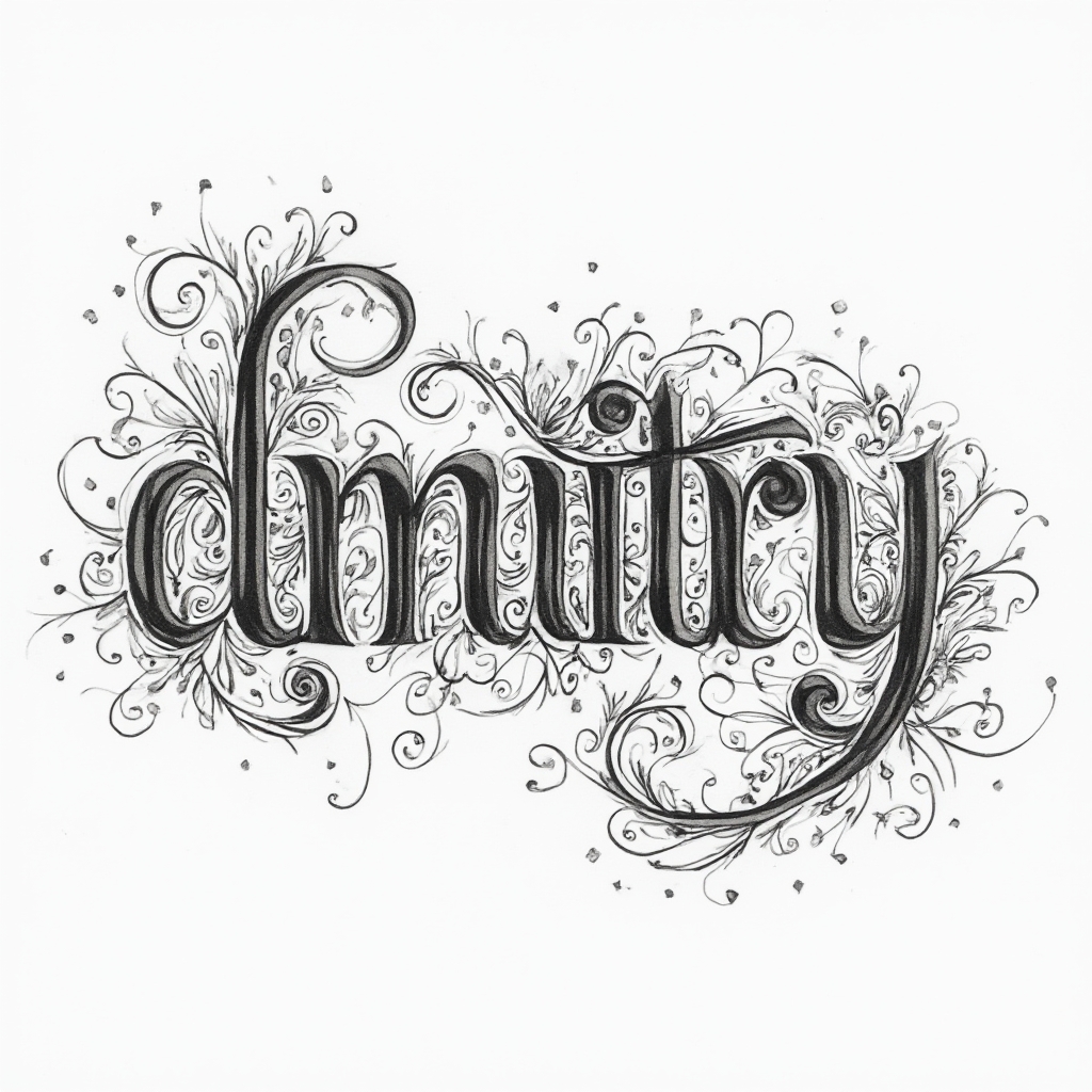 Abstract ornamental tattoo concept where the name dmitry is formed from interlaced decorative lettering on a white background.