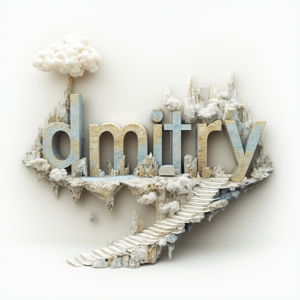 Surreal tattoo concept where the name dmitry is constructed from dreamlike shapes and impossible structures on a white background.