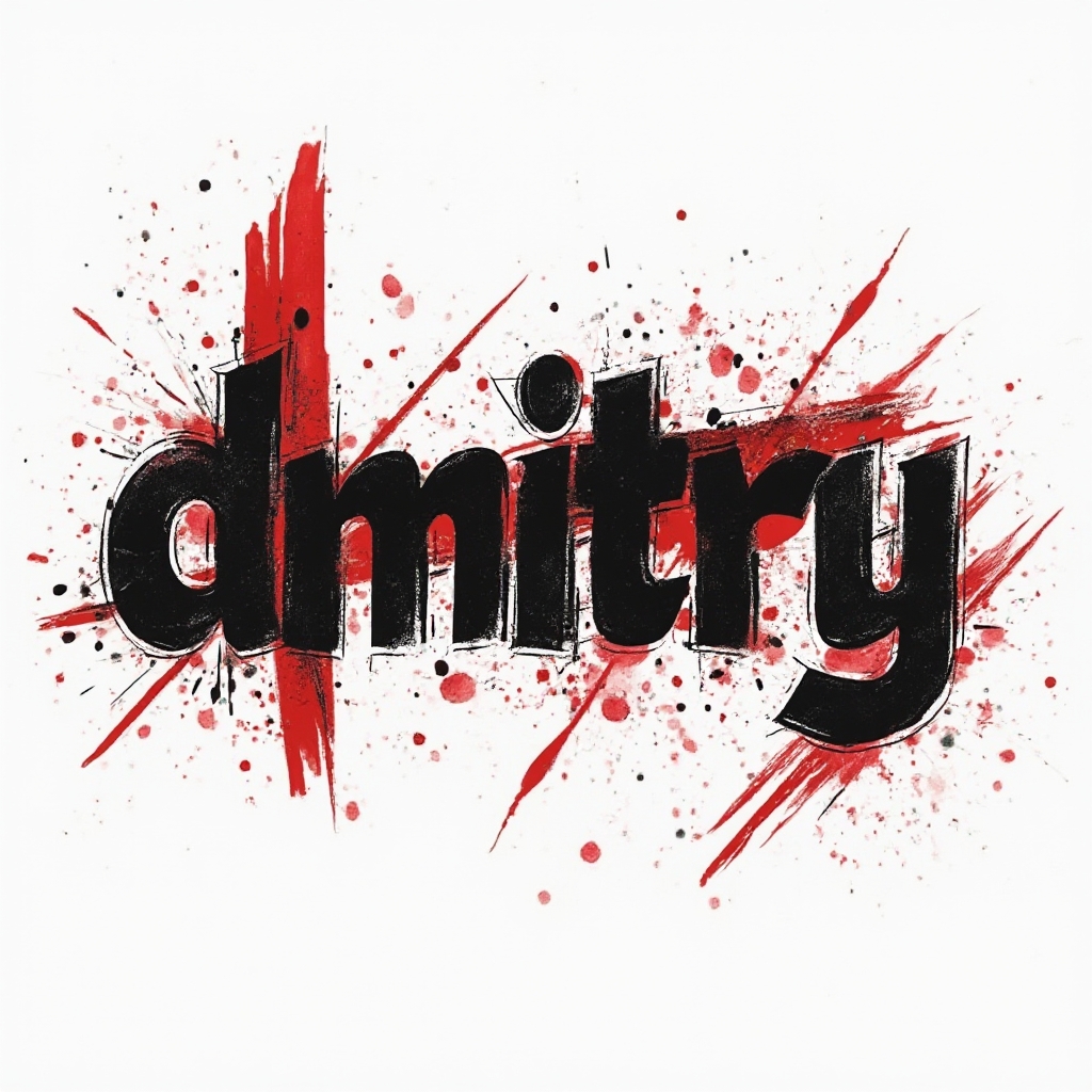 Trash Polka-style tattoo concept where the name dmitry is built from distressed black letters and red graphic splashes on a white background.