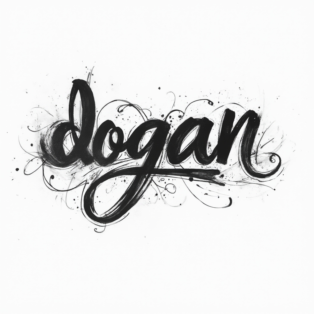 Dynamic black script tattoo design of the name dogan with flowing ornamental flourishes