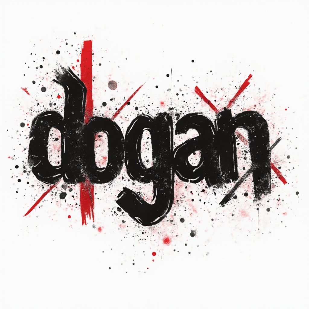 Bold black and red Trash Polka style tattoo design of the name dogan on white