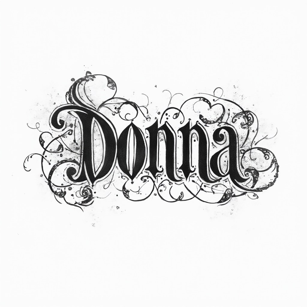 ornamental linework tattoo design of the name donna with flowing decorative lettering on a white background