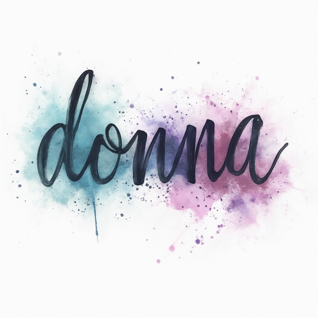 watercolor tattoo design of the name donna in flowing colorful brushstroke lettering on a white background
