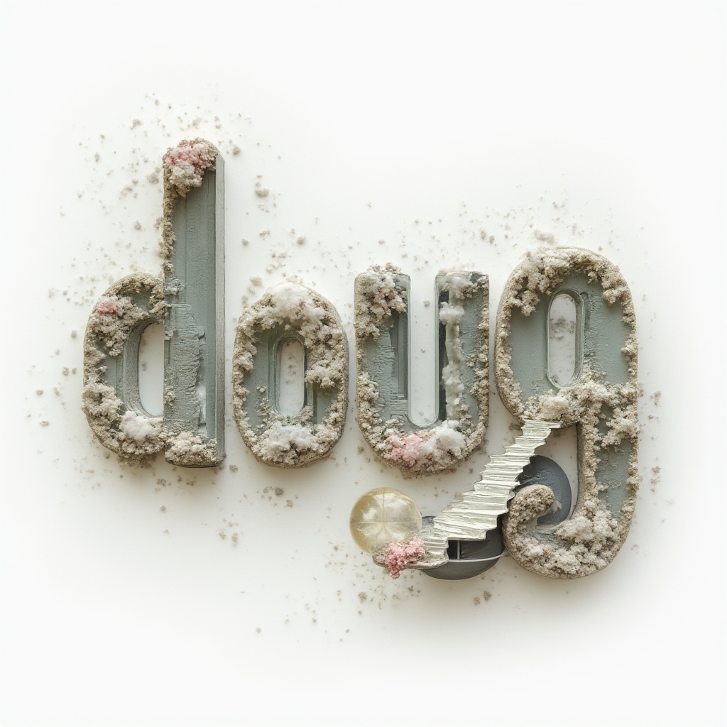 Surreal dreamscape tattoo concept where the name doug appears as fantastical architectural letterforms on a white background.