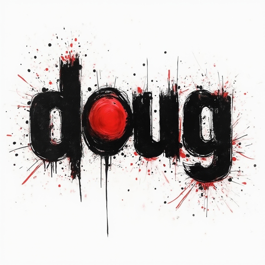 Graphic Trash Polka tattoo concept where the name doug is formed from jagged black and red letter fragments on a white background.