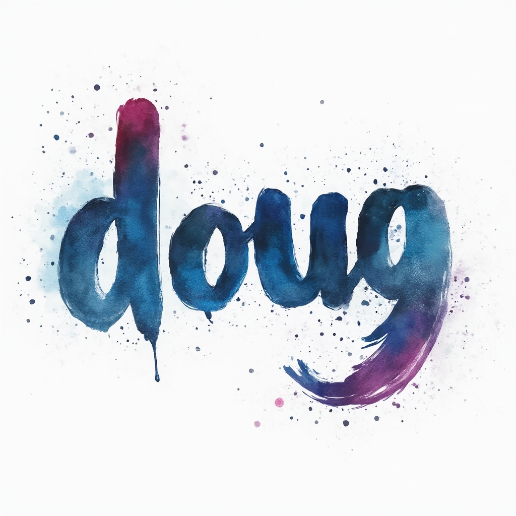 Stylized watercolor splash tattoo concept where the name doug is formed from colorful brushstroke letters on a white background.