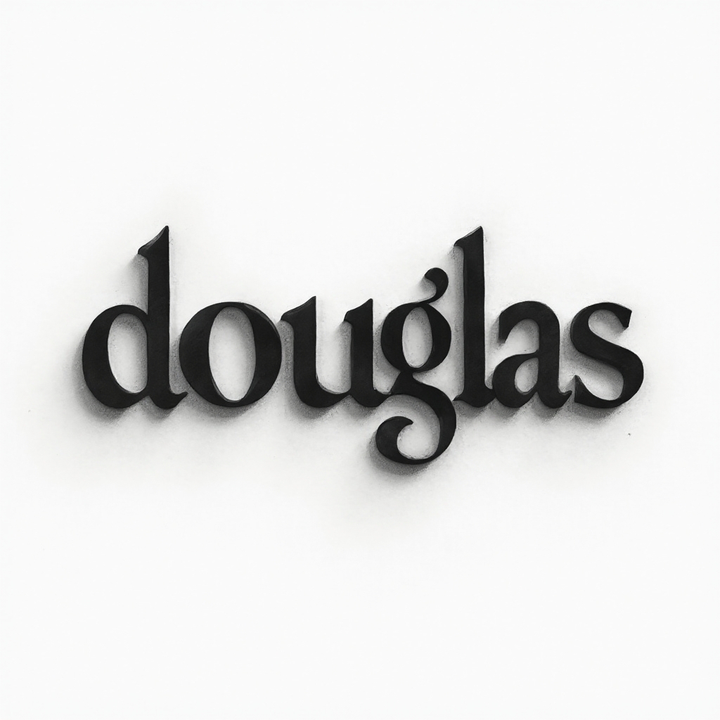 Crisp black and grey dimensional tattoo concept where the name douglas is sculpted from bold shapes on a white background.