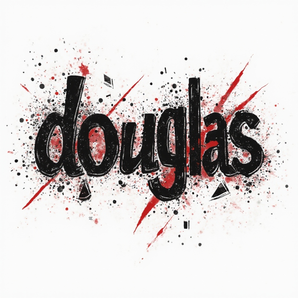 High-contrast Trash Polka tattoo concept where the name douglas is formed from distressed black shapes and red splashes on a white background.