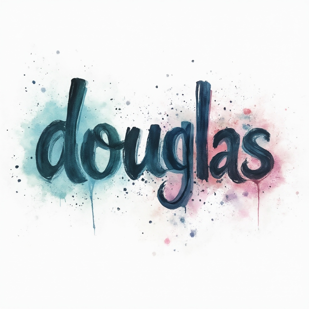 Watercolor tattoo concept with the name douglas painted as fluid multicolor brushstroke lettering on a white background.