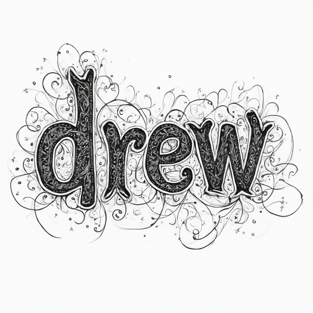 Monochrome ornamental tattoo design where the name drew is woven from intricate abstract lines on white