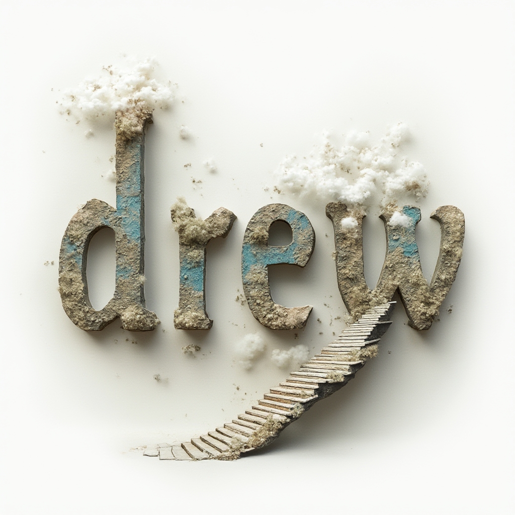 Surreal dreamlike tattoo design where the name drew is built from melting architectural shapes on a white background