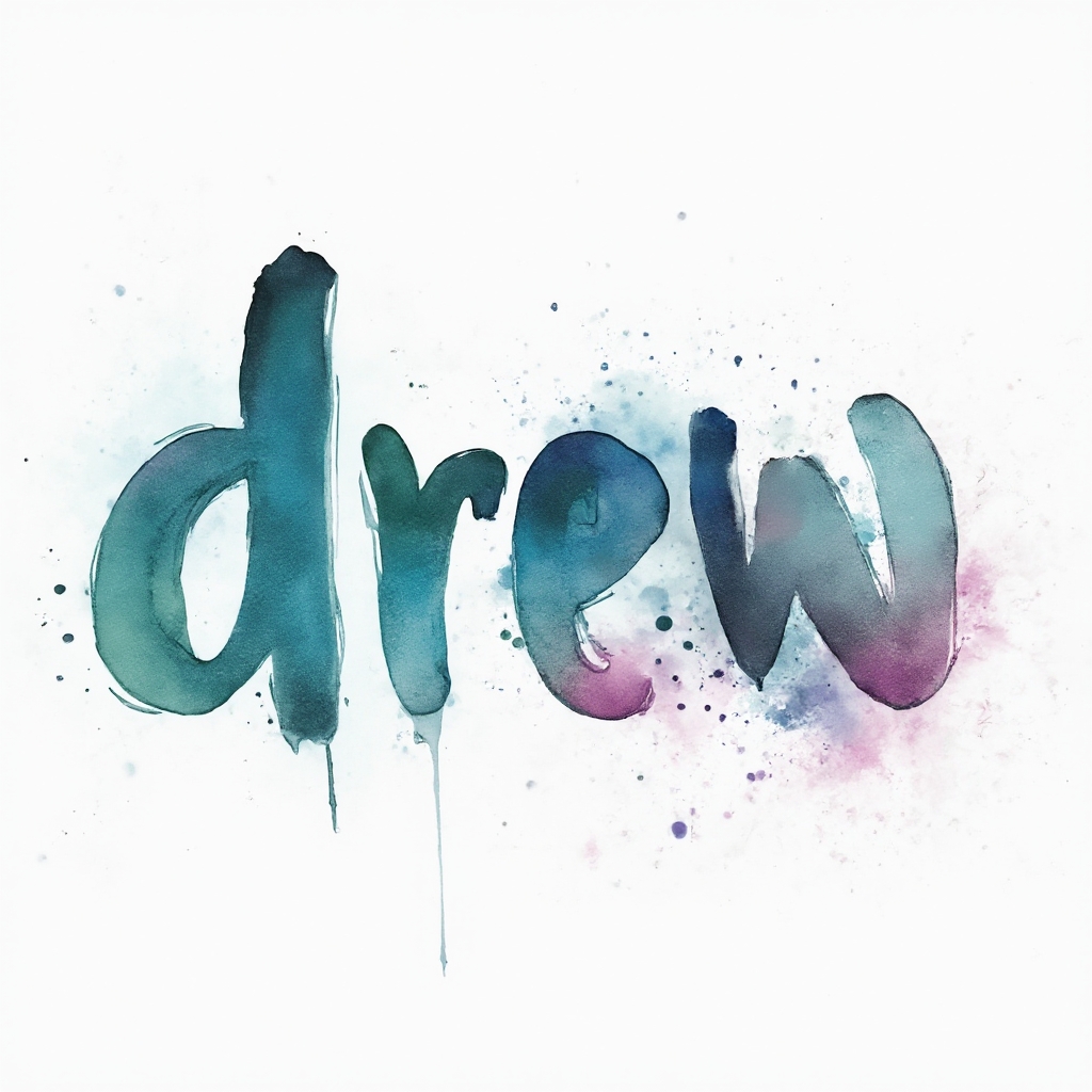 Watercolor tattoo concept where the name drew is shaped by colorful ink splashes on a white background