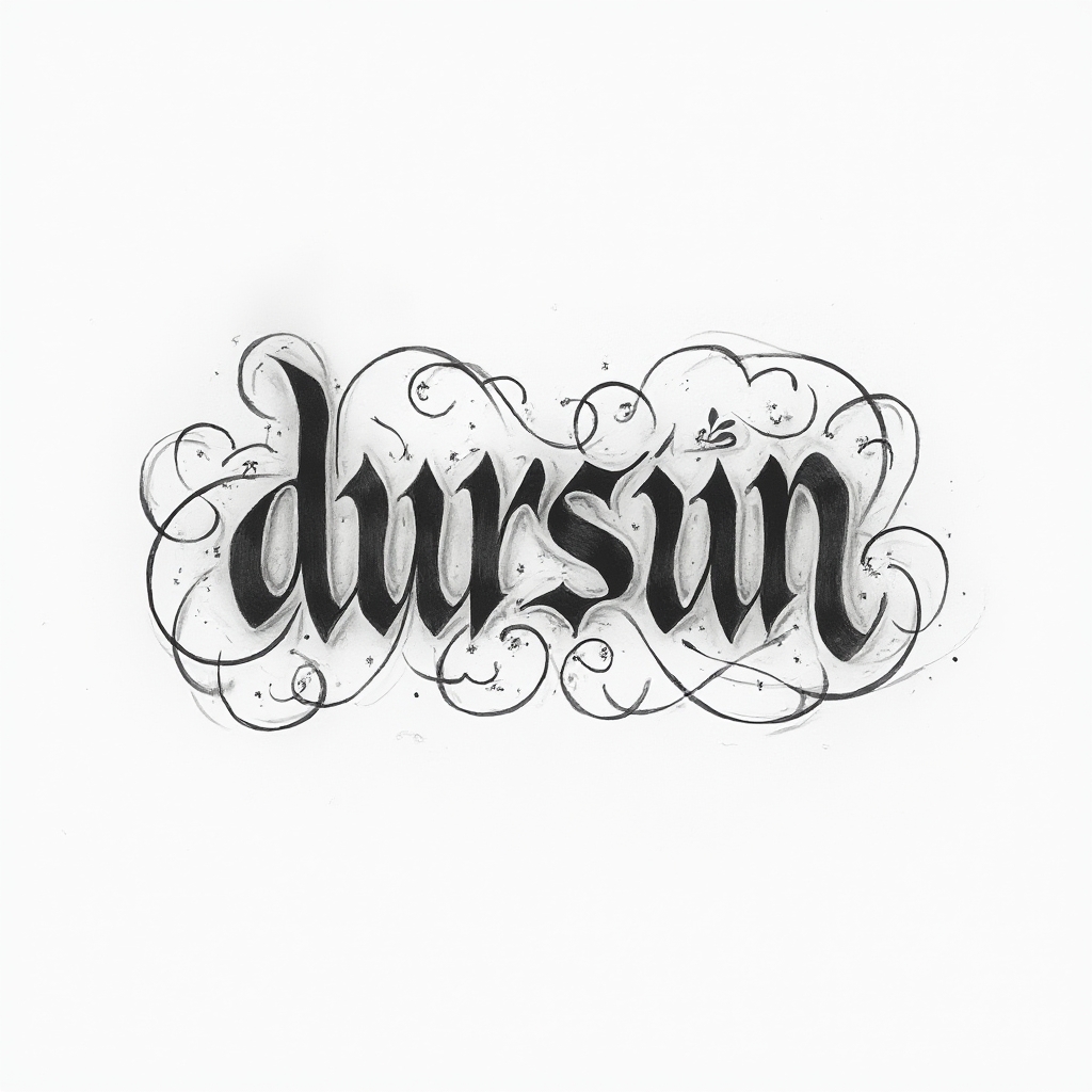 Abstract flowing line tattoo concept where the name dursun is formed by one continuous ribbon-like stroke on a white background.