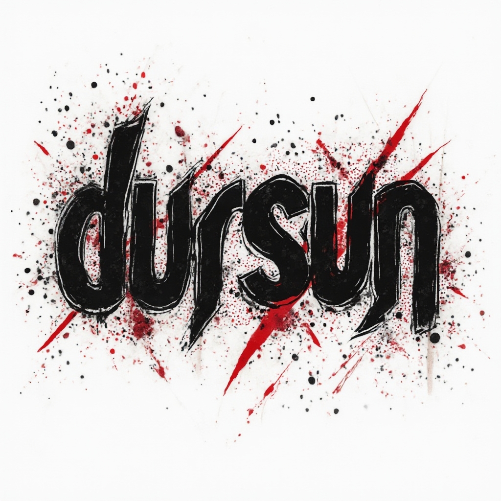 Trash Polka tattoo design where the name dursun appears as bold graphic lettering with black strokes and red splashes on white.