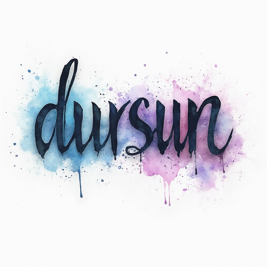 Watercolor ink splash tattoo concept where the name dursun is formed by fluid, colorful brushstroke lettering on a white background.