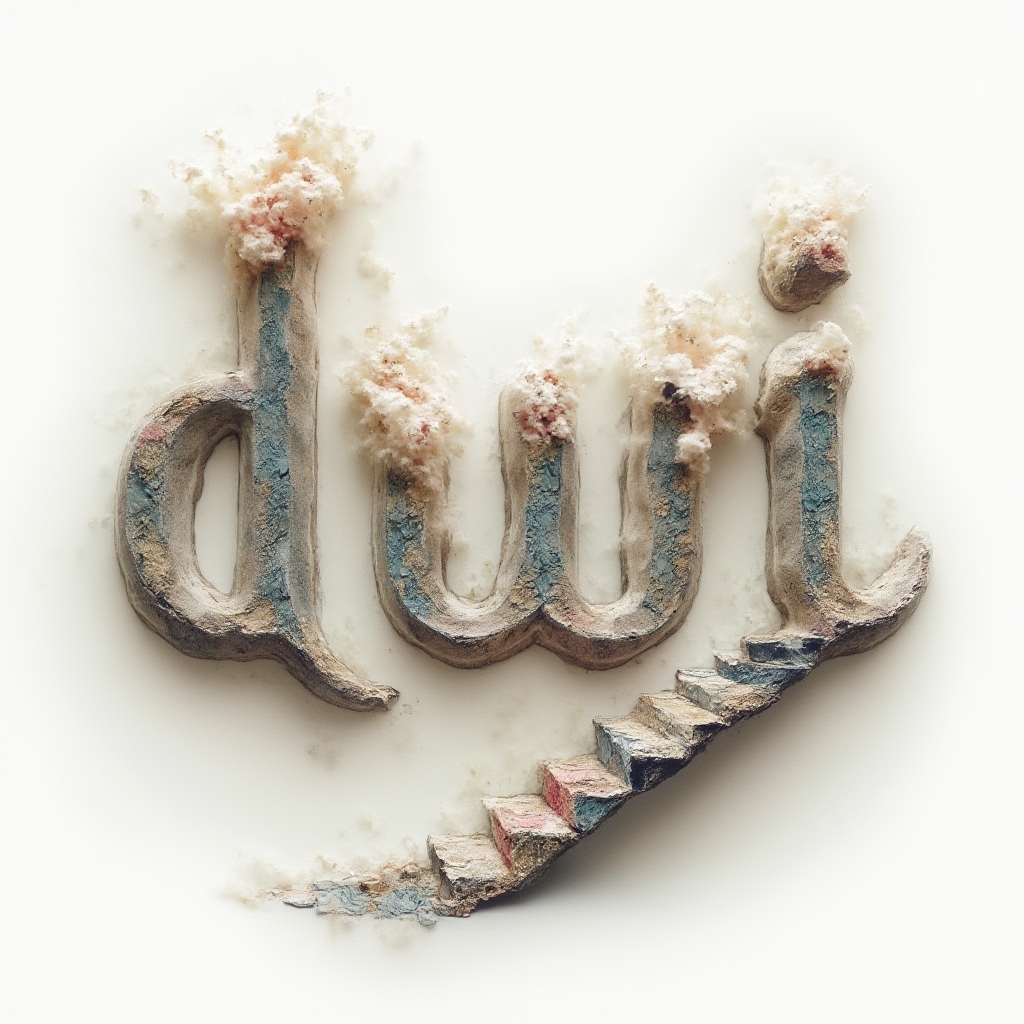 Surreal tattoo design where the name dwi transforms into dreamlike structures and floating shapes on a white background