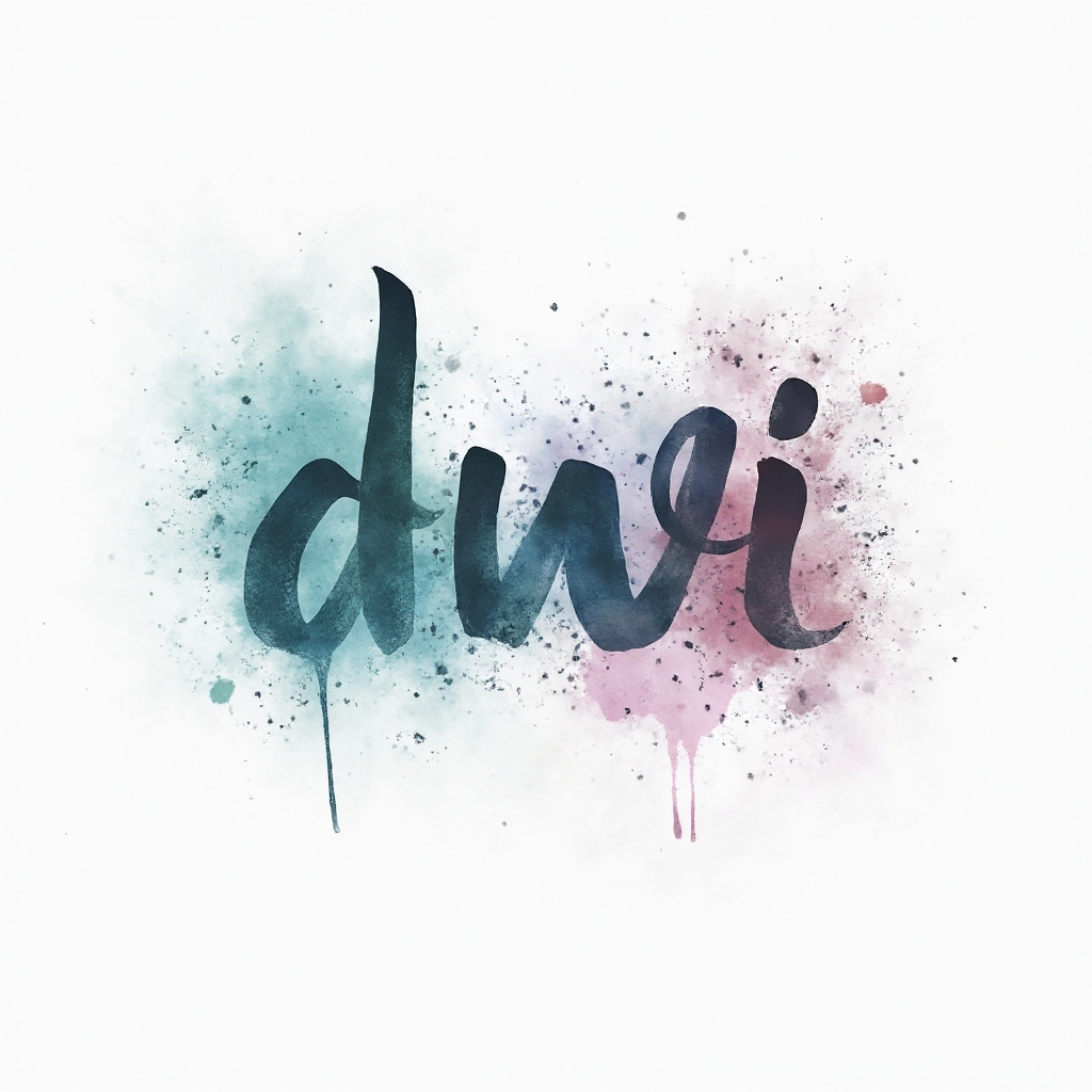 Watercolor ink splash tattoo design where the name dwi flows in colorful brushlike lettering on a white background