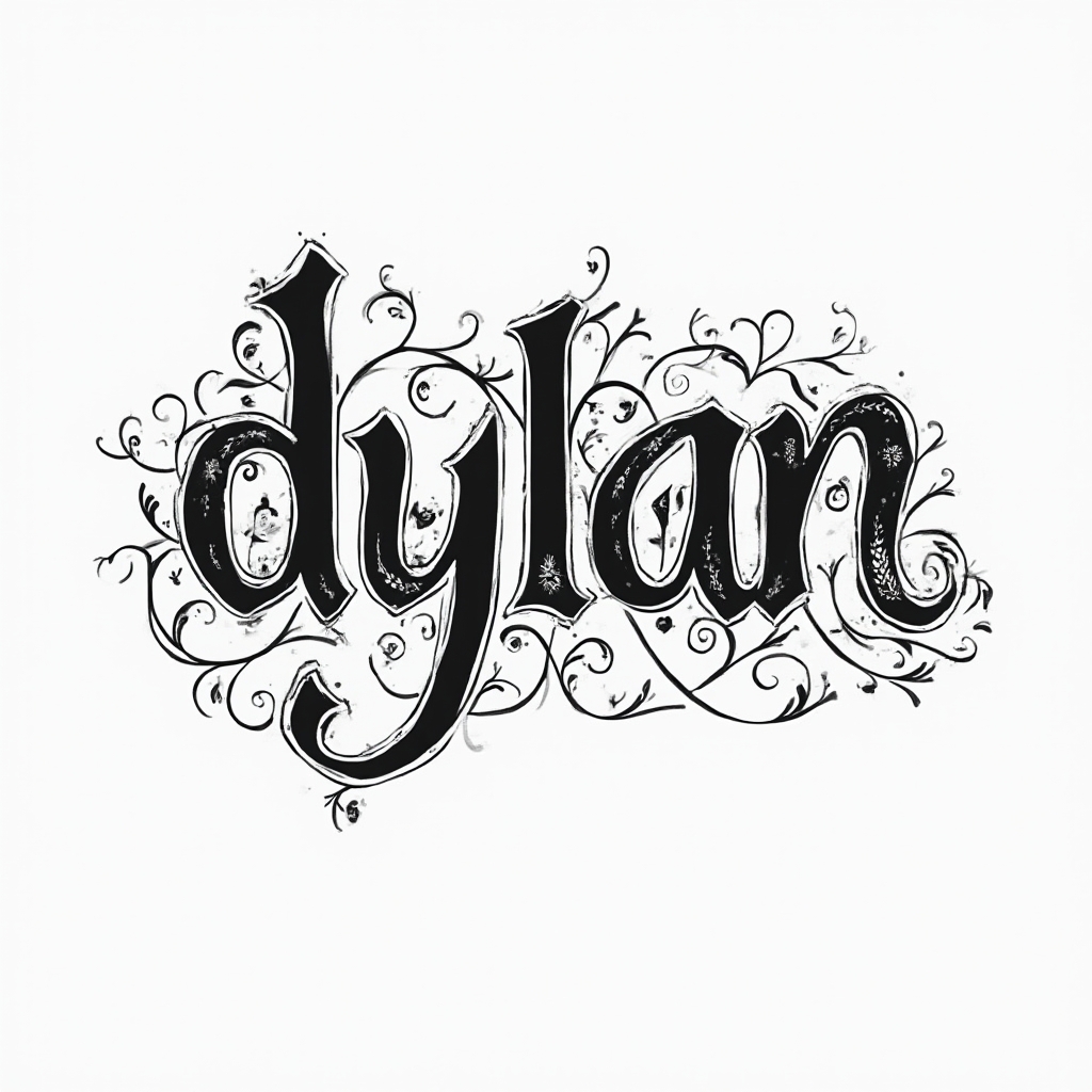 Ornamentally styled tattoo concept with the name dylan integrated into intricate decorative lettering on a white background.