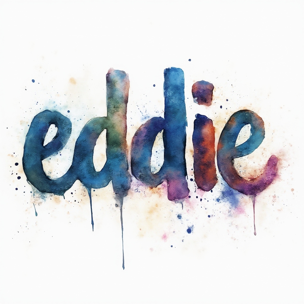 Watercolor-style artistic lettering forming the name eddie with colorful paint splashes on a white background.