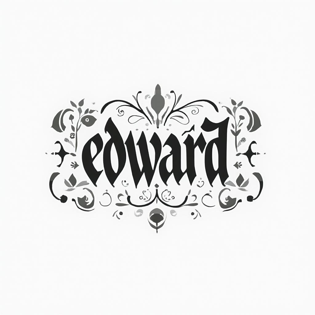 Abstract black and gray emblem tattoo concept where the name edward is hidden within interlocking glyphs on a white background