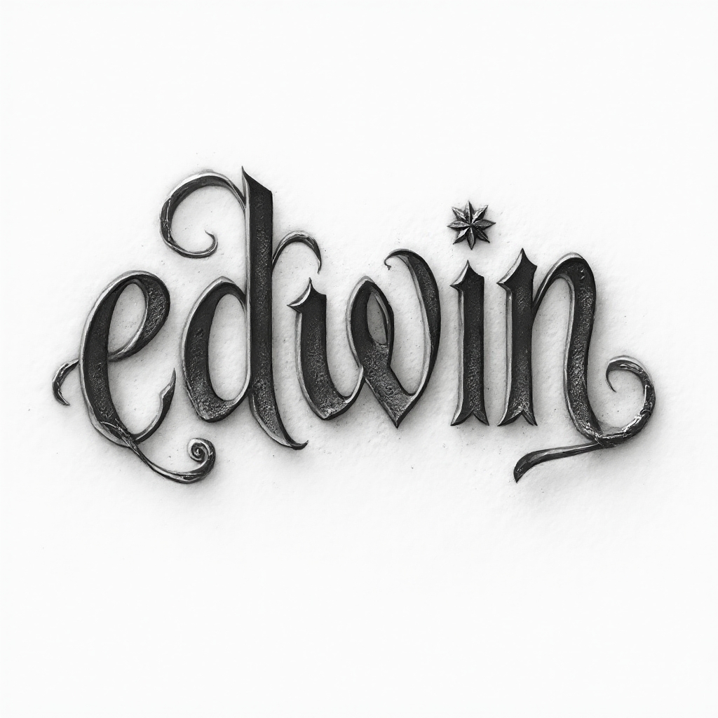Dimensional stylized tattoo design of the name edwin with flowing, carved-looking letters on a white background.