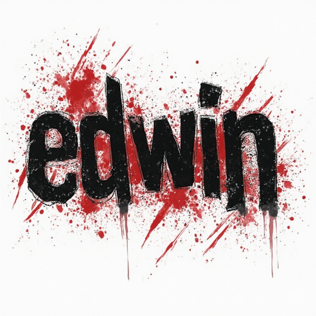 Trash Polka tattoo design of the name edwin in distressed black and red fragmented lettering on a white background.