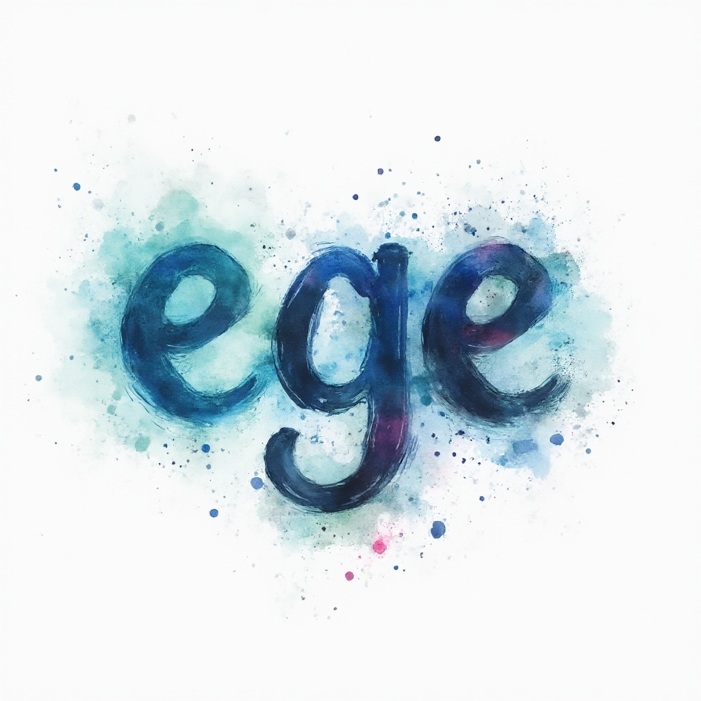 Watercolor splash tattoo concept where the name ege is painted with flowing brushstroke letters and colorful ink splashes on a white background.
