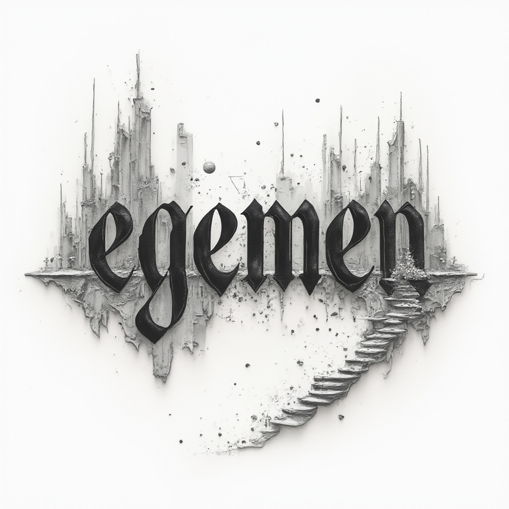 Surreal abstract dreamscape tattoo design forming the name egemen with warped architectural shapes on a white background