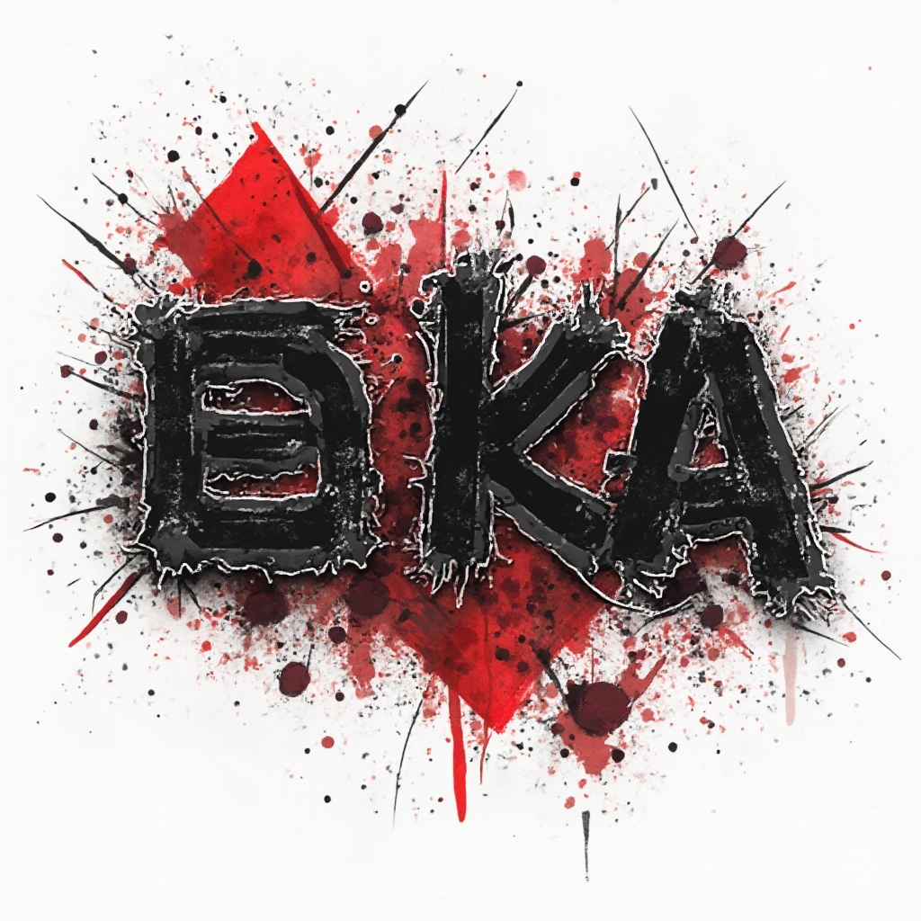 Trash Polka style tattoo concept where the name eka is built from distressed black and red graphic elements on white