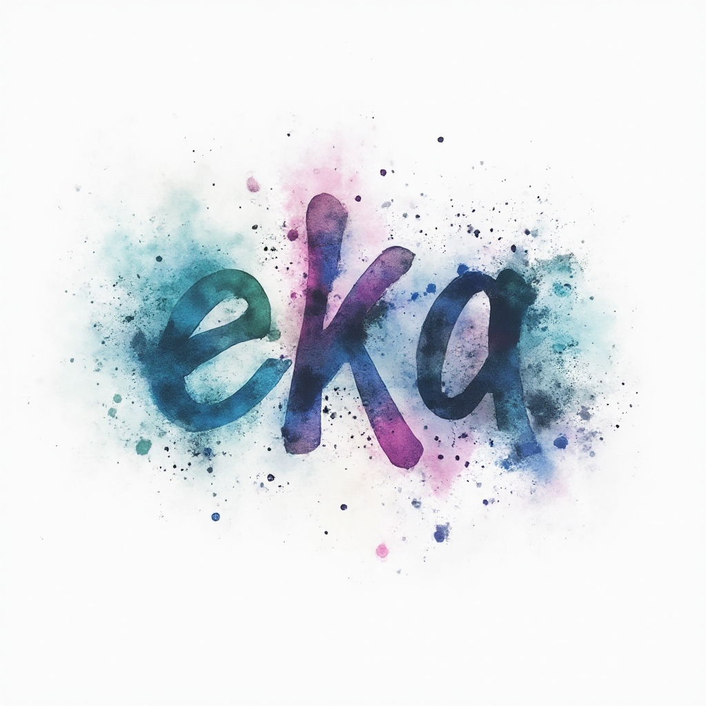 Watercolor tattoo concept where the name eka is created from fluid colorful brush lettering on a white background